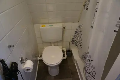a small bathroom with a toilet and a shower at Amsterdam Roof Terrace B&B in Amsterdam