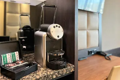 a hotel room with a counter top with a phone and aether at Hotel Levell in Amsterdam