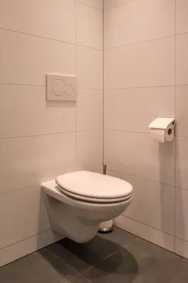 a white toilet in a bathroom with a roll of toilet paper at Studio South Beach with garden and free parking in Zandvoort