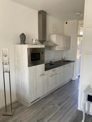 a kitchen with a stove and a microwave at Dutch Line, De Schelp, Gratis parkeren in Zandvoort