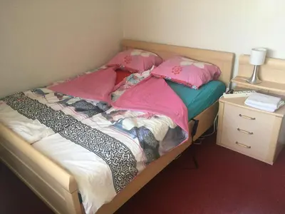 a small bed with pink sheets and pillows on it at Wim's Place Schiphol Amsterdam Airport in Hoofddorp