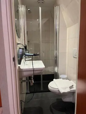 a bathroom with a sink and a shower and a toilet at Amsterdam Downtown Hotel in Amsterdam