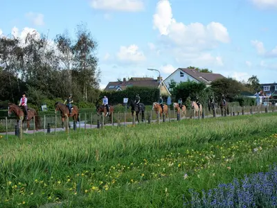 a group of people riding horses in a field at Modern Apartment in Noordwijk near the Sea in Noordwijk