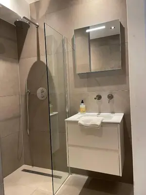 a bathroom with a shower and a sink and a mirror at Duinappartementen Schoorl in Schoorl