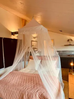 a bedroom with a bed covered in mosquito nets at Duinappartementen Schoorl in Schoorl