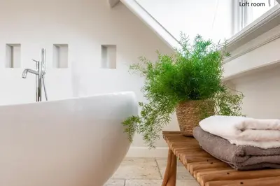 a bathroom with a tub and a plant on a bench at Boutique hotel Villa Oldenhoff in Abcoude