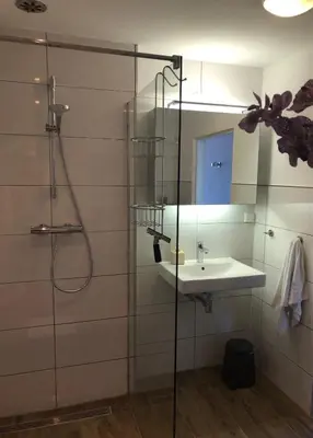 a bathroom with a sink and a shower with a glass door at Appartement Modern Egmond in Egmond aan Zee