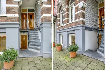 two pictures of a building with plants in front of it at Artis Plantage Apartment in Amsterdam