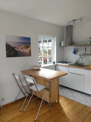 a kitchen with a wooden table and two chairs at de Vrijheid in Groet