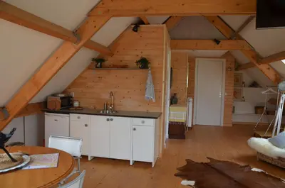 a kitchen with white cabinets and a wooden ceiling at B&B Nieuwe Brug in Vijfhuizen