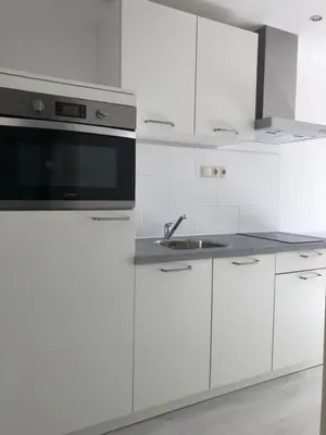 a white kitchen with a sink and a microwave at Casa Belle Dune in Zandvoort