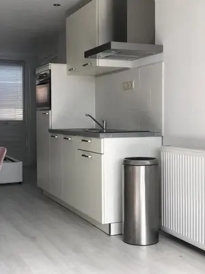 a white kitchen with a sink and a trash can at Casa Belle Dune in Zandvoort