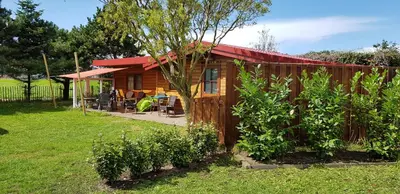 a wooden cabin with a red roof in a yard at Vrijstaande blokhut in Egmond-Binnen