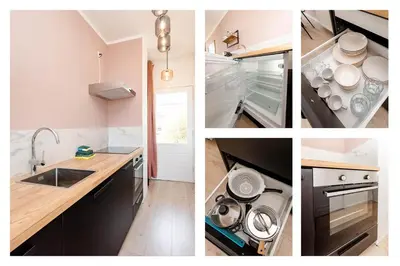 a collage of four pictures of a kitchen at Amsterdam Beach Apartment 9, Private Garden in Zandvoort