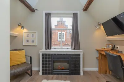 a living room with a fireplace and a window at ExLibris Boutique Hotel in Leiden