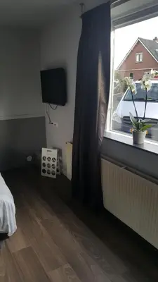 a bedroom with a window with a plant on the sill at Het Zwanennest in Den Ilp