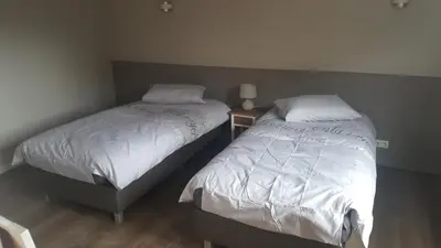 a bedroom with two beds with white sheets and a lamp at Het Zwanennest in Den Ilp