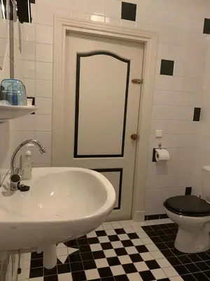 a bathroom with a white sink and a toilet at B&B De Kaagse Koe in Huigsloot