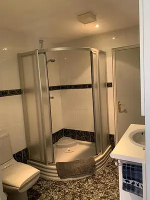 a shower in a bathroom with a toilet and a sink at B&B De Kaagse Koe in Huigsloot