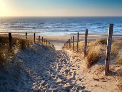 a sandy beach with a fence and the ocean at Holiday Home in Beemster by Windmill in Middenbeemster
