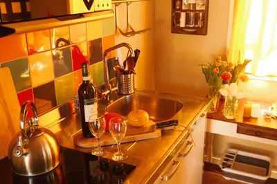 a kitchen counter with a sink and glasses of wine at Tulpenhuys in Hoogmaden