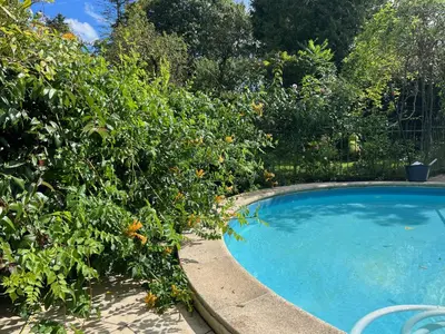 a swimming pool surrounded by plants and a fence at The Pool House in Den Dolder