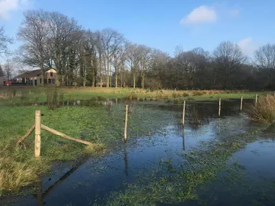 a pond with a fence in a field at The Pool House in Den Dolder