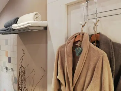a bathroom with a closet with towels and a mirror at Casa Batavia B&B in Lelystad