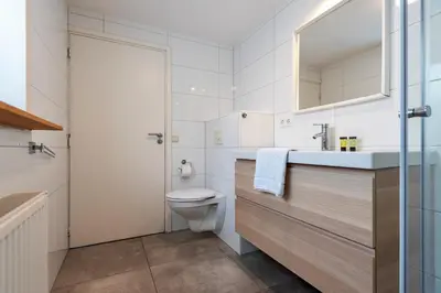 a bathroom with a toilet and a sink and a mirror at Spacious Family Holiday Home (7p), Free indoor parking in Zandvoort
