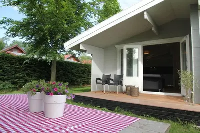 a porch with two white pots of flowers on a blanket at Cozy Cottage in Warmenhuizen