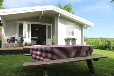 a small house with a bench in front of it at Cozy Cottage in Warmenhuizen
