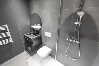 a bathroom with a shower and a toilet and a sink at Boutique Suites Lisse - Keukenhof in Lisse