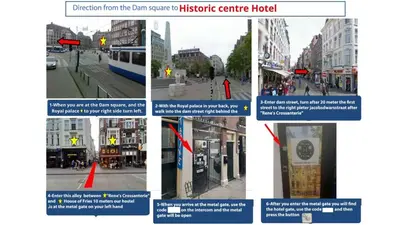 a collage of pictures of a street with a red arrow at Historic Centre Hotel in Amsterdam