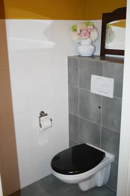 a bathroom with a toilet with a black toilet seat at The Water Studio in Amsterdam