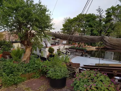 a boat in a garden with plants and a tree at Central & Quiet Canal Apartment in Amsterdam