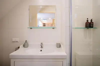 a bathroom with a sink and a mirror and a shower at Stylish Private Studio Close to City in Amsterdam