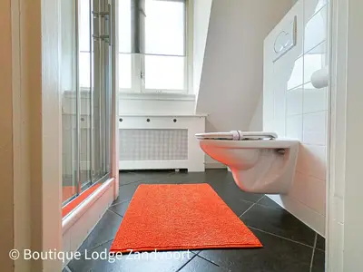 a bathroom with a toilet and an orange rug at Boutique Lodge Zandvoort in Zandvoort