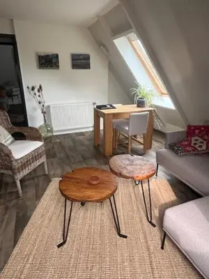 a living room with a couch and a table at Gastenverblijf Eenigenburg in Eenigenburg