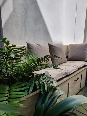 a couch with pillows and plants in a room at Huis Roomolen in Amsterdam