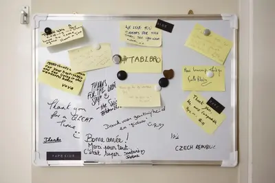 a bulletin board with notes and magnets on it at Johan's B&B - Since 2014 roofterrace and cheap parking in Amsterdam