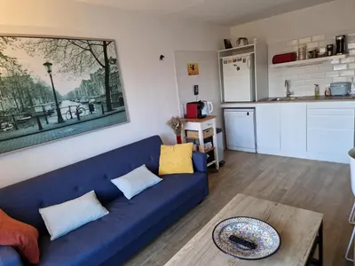a living room with a blue couch and a kitchen at Johan's B&B - Since 2014 roofterrace and cheap parking in Amsterdam