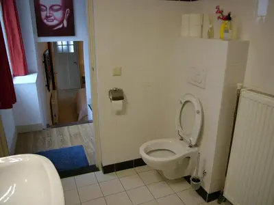 a bathroom with a toilet and a sink at Dar Cho Apartment in Zandvoort
