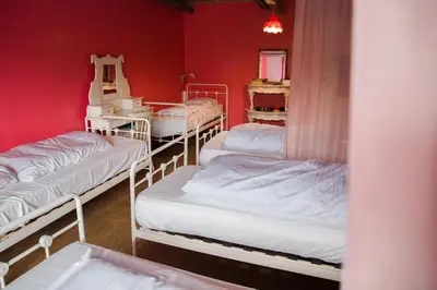 three bunk beds in a room with red walls at ClinkMama in Amsterdam