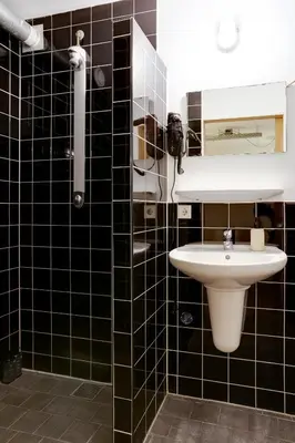 a black tiled bathroom with a sink and a mirror at ClinkMama in Amsterdam