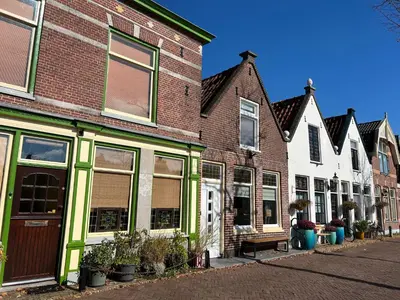 a row of houses on a street with potted plants at Oudegracht Alkmaar in Alkmaar