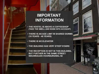a sign on the side of a building with stairs at Hostel Utopia in Amsterdam