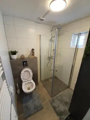a bathroom with a shower and a toilet at Sea Star Egmond aan Zee in Egmond aan Zee