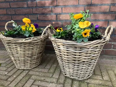 two baskets of flowers sitting next to a brick wall at Es Vedra in Noordwijk aan Zee