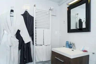 a bathroom with a shower and a sink and a mirror at B&B Zeespiegel in Zandvoort