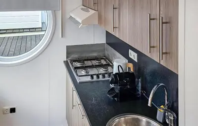 a small kitchen with a stove and a sink at Aquacabin in Aalsmeer